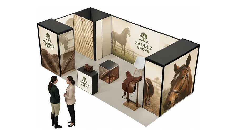 Stoisko 8 × 4 m narożne lewe dla branży jeździectwo, przykładowa marka Saddle Grove