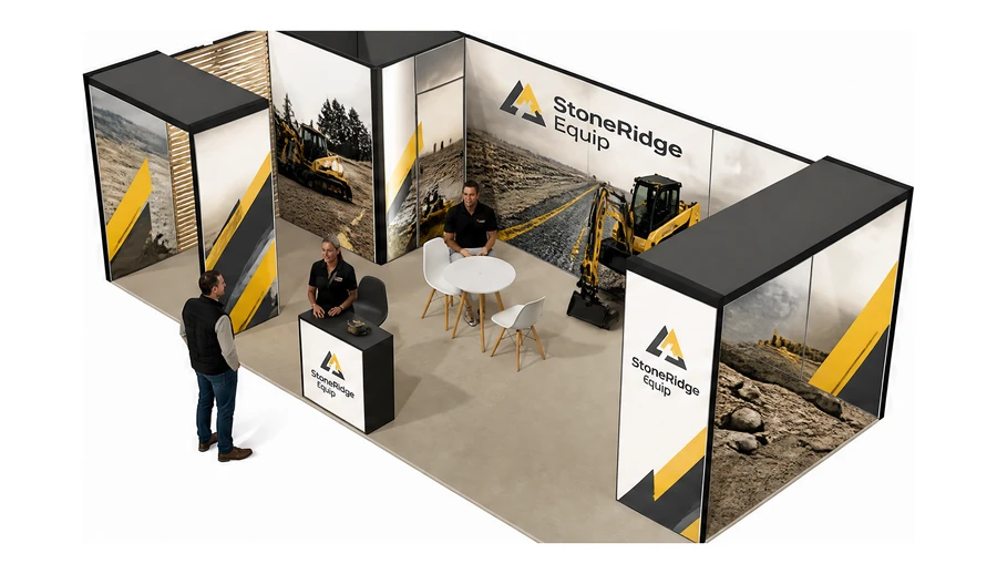 Stoisko 8 × 4 m narożne lewe dla branży maszyny budowlane, przykładowa marka StoneRidge Equip