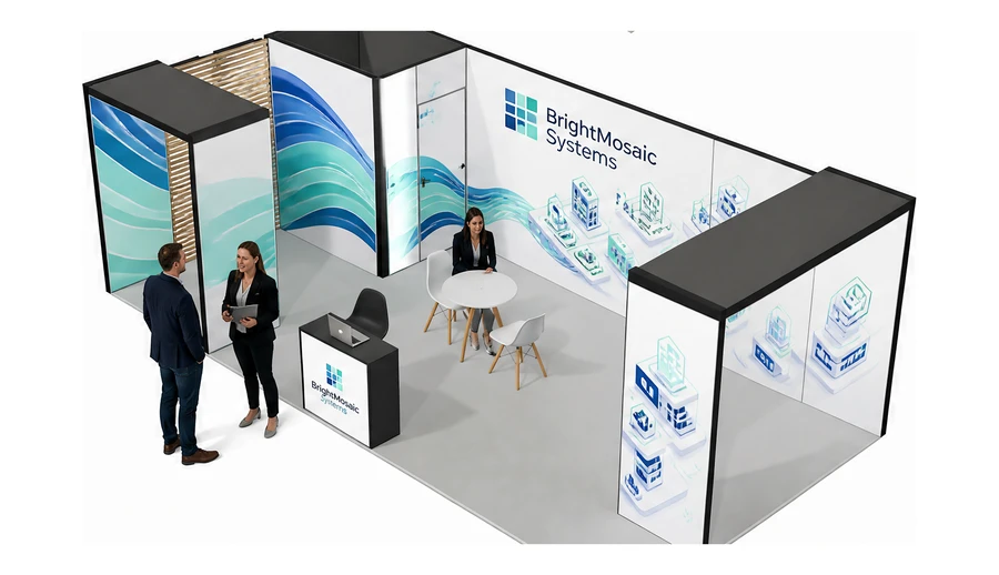 Stoisko 8 × 4 m narożne lewe dla branży oprogramowanie dla firm, przykładowa marka BrightMosaic Systems
