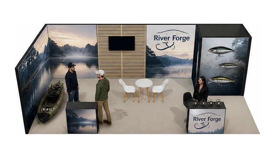 Stoisko 8 × 4 m narożne lewe dla branży wędkarstwo, przykładowa marka River Forge