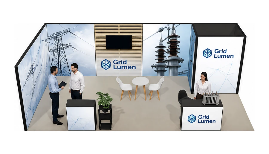 Stoisko 8 × 4 m narożne lewe dla branży energetyka i sieci, przykładowa marka Grid Lumen