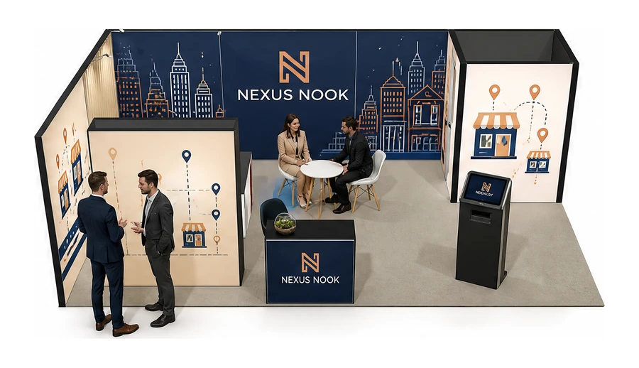 Stoisko 8 × 4 m narożne lewe dla branży franczyza i sieci, przykładowa marka Nexus Nook