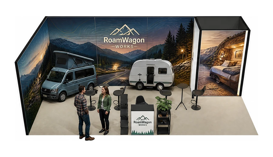 Stoisko 8 × 4 m narożne lewe dla branży caravaning i kampery, przykładowa marka RoamWagon Works