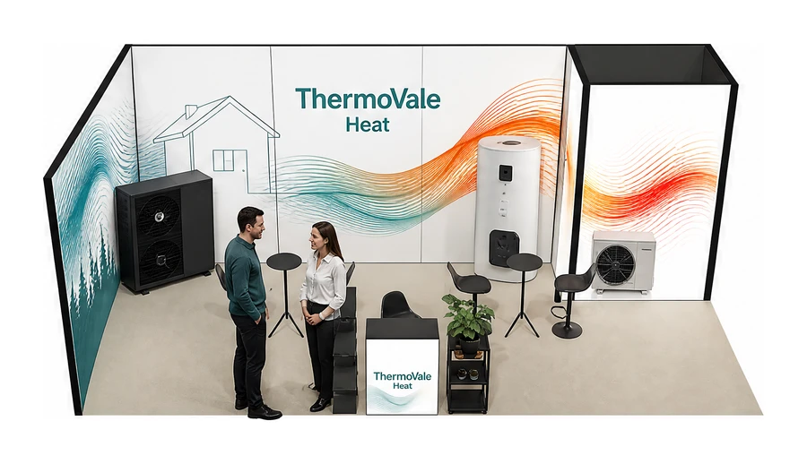 Stoisko 8 × 4 m narożne lewe dla branży pompy ciepła i ogrzewanie, przykładowa marka ThermoVale Heat