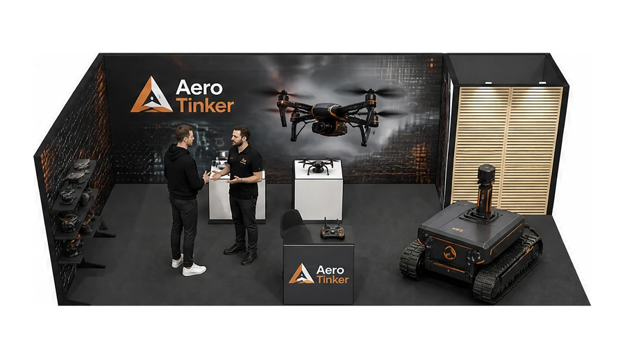 Stoisko 8 × 4 m narożne lewe dla branży drony i robotyka, przykładowa marka Aero Tinker