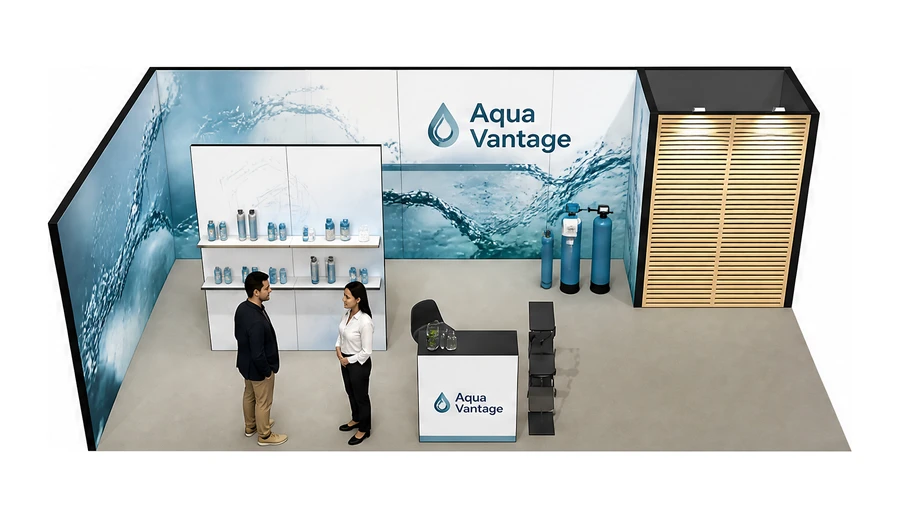 Stoisko 8 × 4 m narożne lewe dla branży technologie wodne, przykładowa marka Aqua Vantage