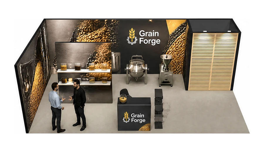 Stoisko 8 × 4 m narożne lewe dla branży technologie spożywcze, przykładowa marka Grain Forge