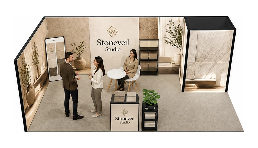 Stoisko 8 × 4 m narożne lewe dla branży wykończenie wnętrz, przykładowa marka Stoneveil Studio
