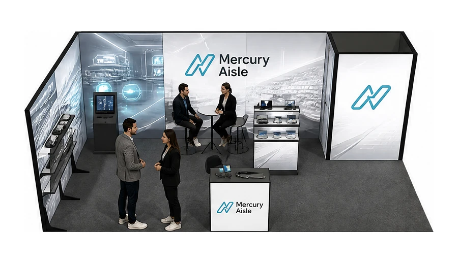 Stoisko 8 × 4 m narożne lewe dla branży technologie dla handlu, przykładowa marka Mercury Aisle