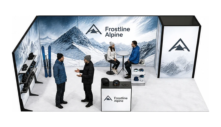 Stoisko 8 × 4 m narożne lewe dla branży narciarstwo i sporty zimowe, przykładowa marka Frostline Alpine