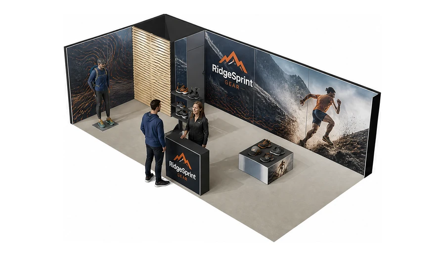 Stoisko 8 × 4 m narożne lewe dla branży sprzęt sportowy, przykładowa marka RidgeSprint Gear