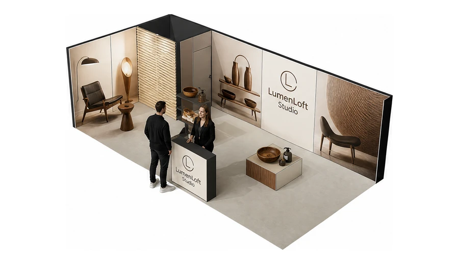 Stoisko 8 × 4 m narożne lewe dla branży meble designerskie, przykładowa marka LumenLoft Studio