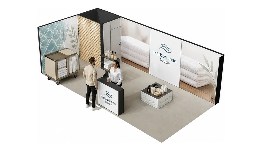 Stoisko 8 × 4 m narożne lewe dla branży wyposażenie hoteli, przykładowa marka HarborLinen Supply