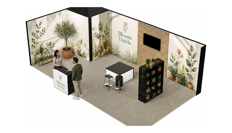 Stoisko 8 × 4 m narożne lewe dla branży rośliny i kwiaciarstwo, przykładowa marka Bloom Thistle