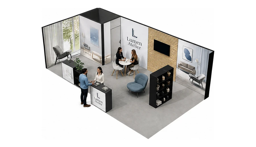 Stoisko 8 × 4 m narożne lewe dla branży meble designerskie, przykładowa marka Lumen Atelier