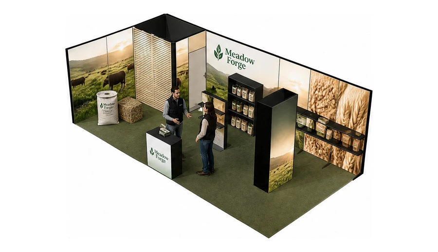 Stoisko 8 × 4 m narożne lewe dla branży hodowla i pasze, przykładowa marka Meadow Forge