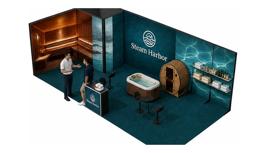 Stoisko 8 × 4 m narożne lewe dla branży baseny i sauny, przykładowa marka Steam Harbor