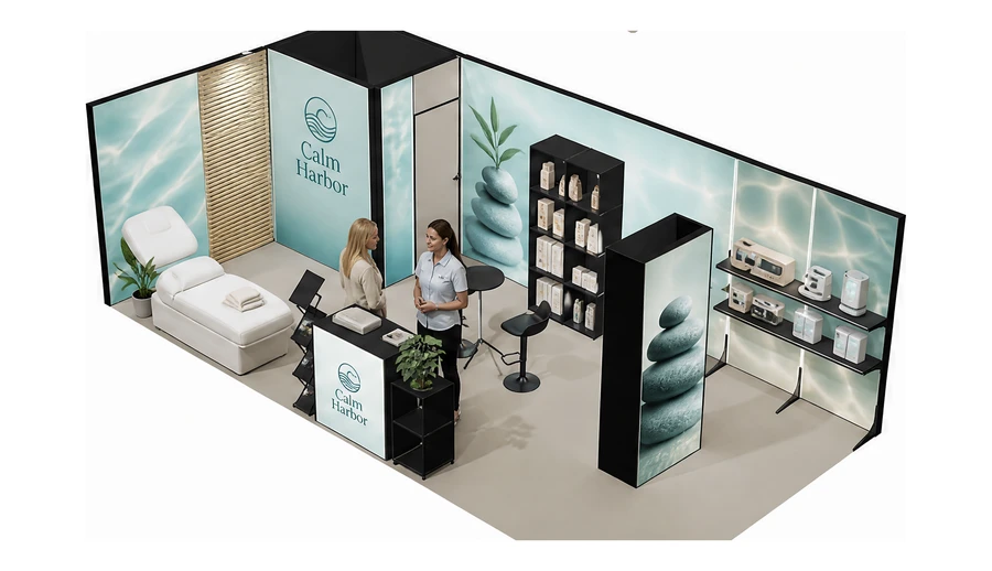 Stoisko 8 × 4 m narożne lewe dla branży spa i wellness, przykładowa marka Calm Harbor