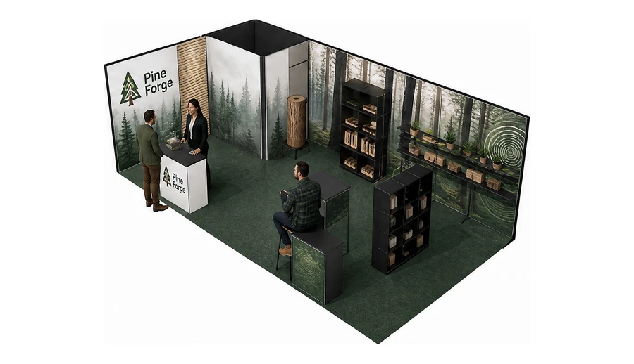 Stoisko 8 × 4 m narożne lewe dla branży leśnictwo i przemysł drzewny, przykładowa marka Pine Forge