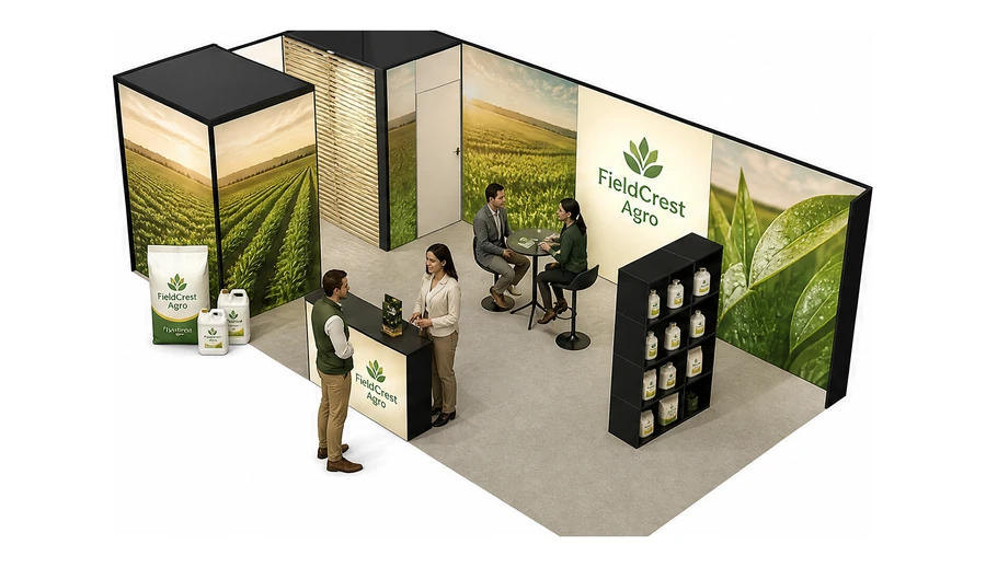 Stoisko 8 × 4 m narożne lewe dla branży nawozy i ochrona roślin, przykładowa marka FieldCrest Agro