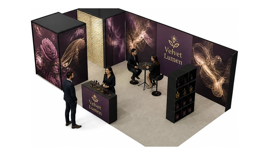 Stoisko 8 × 4 m narożne lewe dla branży perfumy, przykładowa marka Velvet Lumen