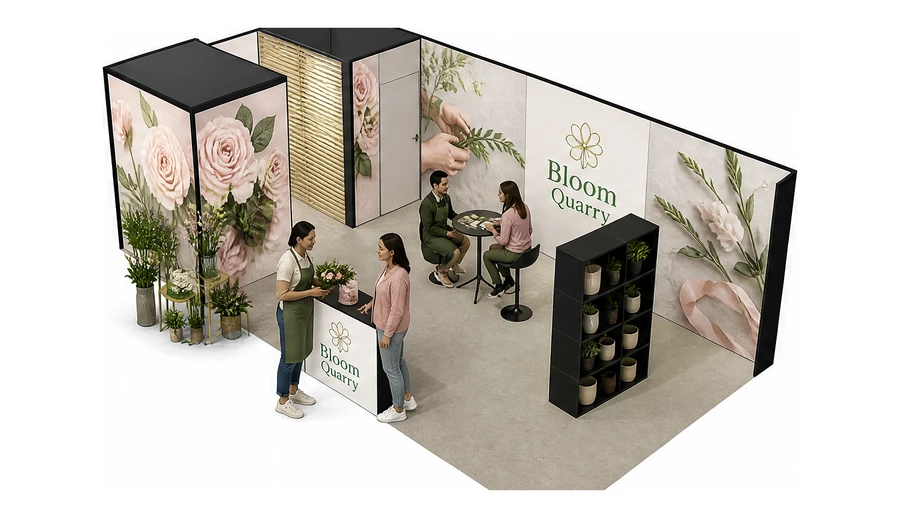 Stoisko 8 × 4 m narożne lewe dla branży rośliny i kwiaciarstwo, przykładowa marka Bloom Quarry