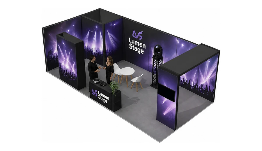 Stoisko 8 × 4 m narożne lewe dla branży branża eventowa, przykładowa marka Lumen Stage