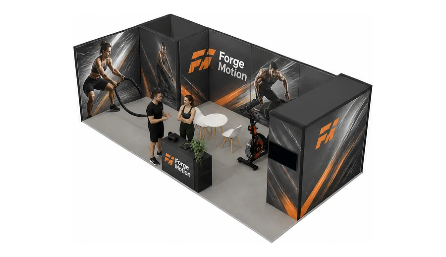 Stoisko 8 × 4 m narożne lewe dla branży fitness i siłownie, przykładowa marka Forge Motion