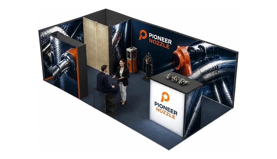 Stoisko 8 × 4 m narożne lewe dla branży stacje paliw, przykładowa marka Pioneer Nozzle