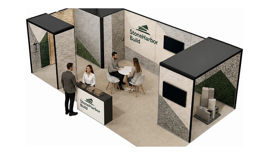 Stoisko 8 × 4 m narożne lewe dla branży materiały budowlane, przykładowa marka StoneHarbor Build