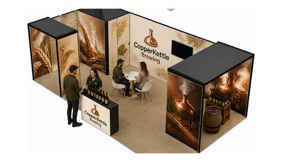 Stoisko 8 × 4 m narożne lewe dla branży browar rzemieślniczy, przykładowa marka CopperKettle Brewing