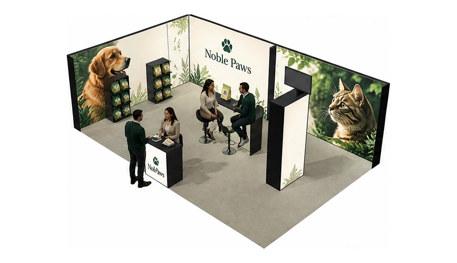 Stoisko 8 × 5 m narożne lewe dla branży karma dla zwierząt, przykładowa marka Noble Paws