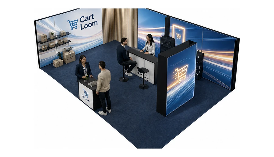 Stoisko 8 × 5 m narożne lewe dla branży e-commerce, przykładowa marka Cart Loom