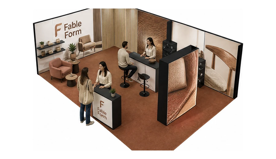Stoisko 8 × 5 m narożne lewe dla branży meble designerskie, przykładowa marka Fable Form