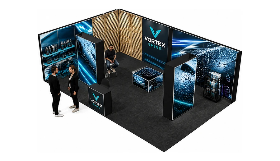 Stoisko 8 × 5 m narożne lewe dla branży tuning i detailing, przykładowa marka Vortex Shine