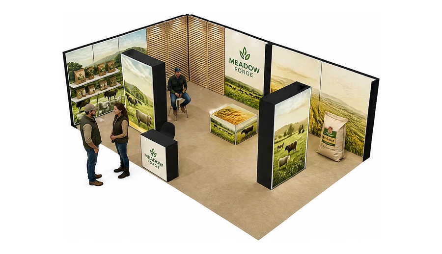 Stoisko 8 × 5 m narożne lewe dla branży hodowla i pasze, przykładowa marka Meadow Forge