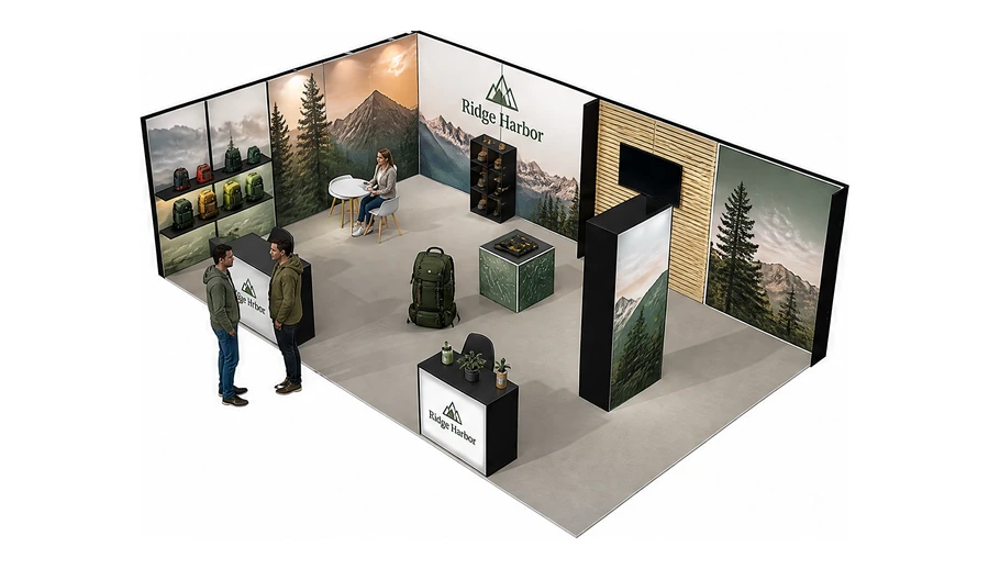 Stoisko 8 × 5 m narożne lewe dla branży odzież i sprzęt outdoorowy, przykładowa marka Ridge Harbor