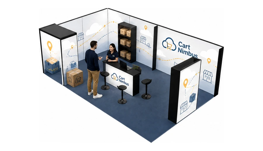 Stoisko 8 × 5 m narożne lewe dla branży e-commerce, przykładowa marka Cart Nimbus