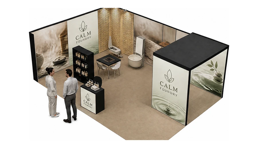 Stoisko 8 × 5 m narożne lewe dla branży spa i wellness, przykładowa marka Calm Foundry