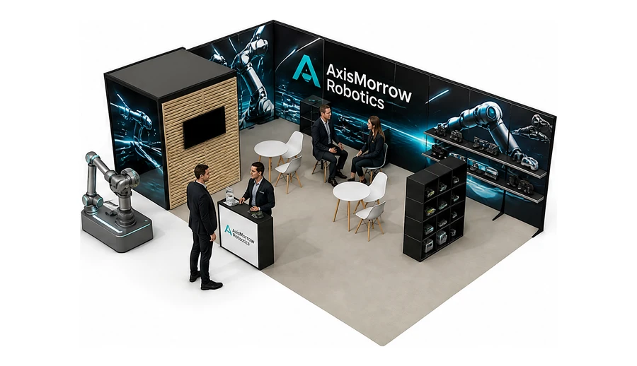 Stoisko 8 × 5 m narożne lewe dla branży automatyka przemysłowa, przykładowa marka AxisMorrow Robotics