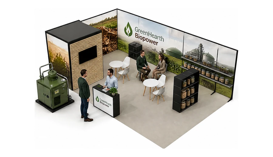 Stoisko 8 × 5 m narożne lewe dla branży biogaz i OZE, przykładowa marka GreenHearth Biopower