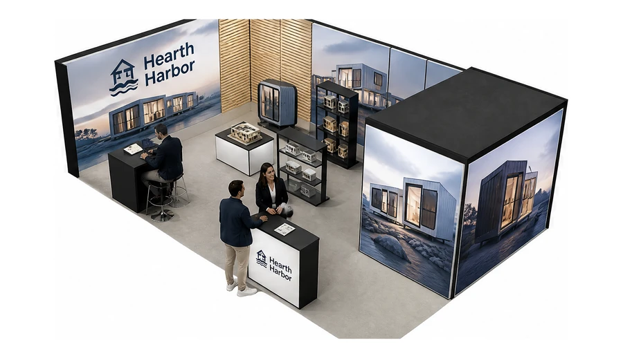 Stoisko 8 × 5 m narożne lewe dla branży domy modułowe i prefabrykacja, przykładowa marka Hearth Harbor