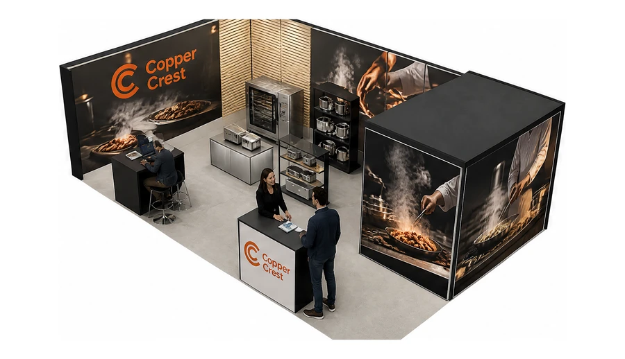 Stoisko 8 × 5 m narożne lewe dla branży wyposażenie gastronomii, przykładowa marka Copper Crest