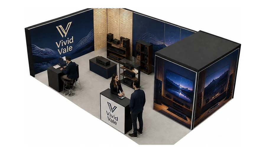 Stoisko 8 × 5 m narożne lewe dla branży sprzęt audio-video, przykładowa marka Vivid Vale