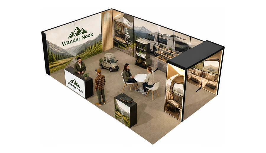 Stoisko 8 × 5 m narożne lewe dla branży caravaning i kampery, przykładowa marka Wander Nook