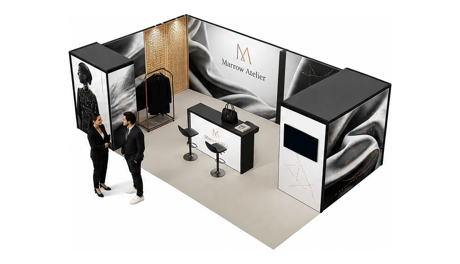 Stoisko 8 × 5 m narożne lewe dla branży odzież i moda, przykładowa marka Marrow Atelier