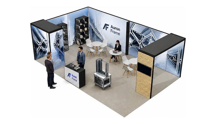 Stoisko 8 × 5 m narożne lewe dla branży profile aluminiowe, przykładowa marka Auron Frame