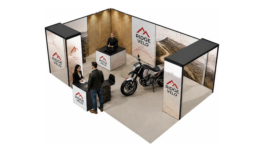 Stoisko 8 × 5 m narożne lewe dla branży motocykle i skutery, przykładowa marka Ridge Velo