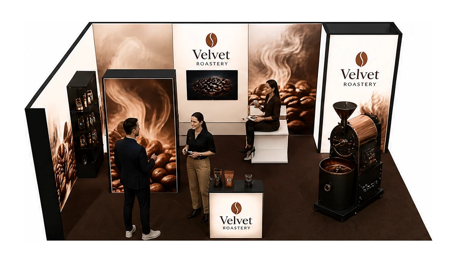 Stoisko 8 × 5 m narożne lewe dla branży palarnia kawy, przykładowa marka Velvet Roastery