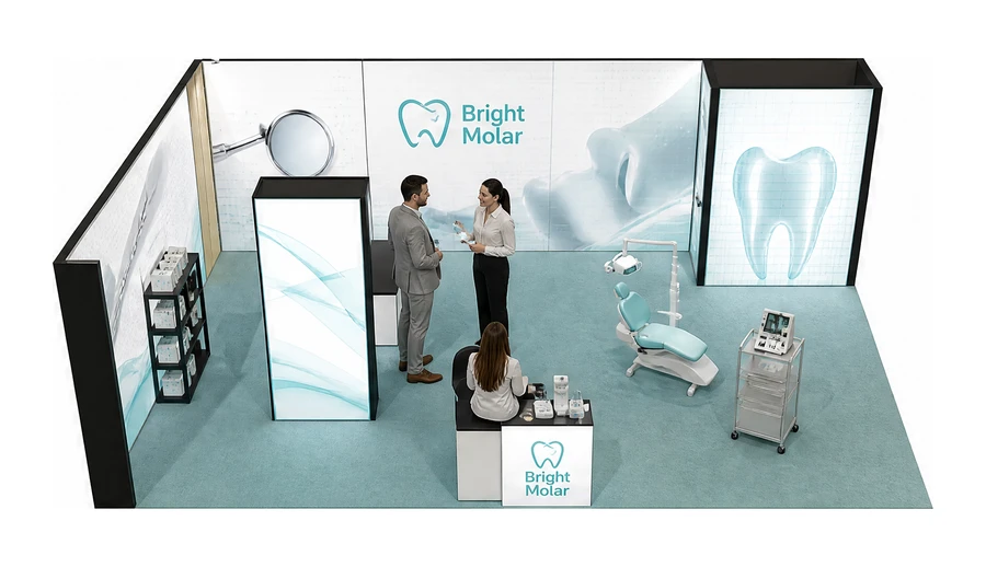 Stoisko 8 × 5 m narożne lewe dla branży stomatologia, przykładowa marka Bright Molar
